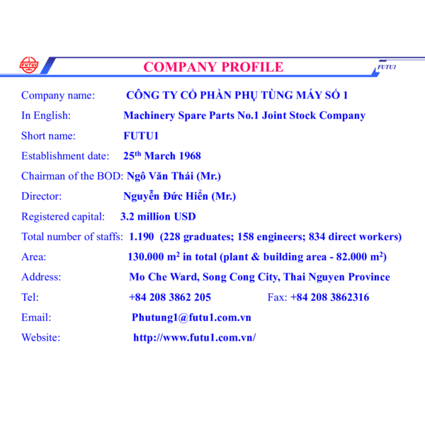 CÔNG TY CỔ PHẦN PHỤ TÙNG MÁY SỐ 1