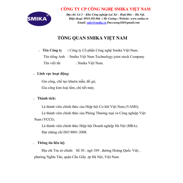 CÔNG TY CỔ PHẦN CÔNG NGHỆ SMIKA VIỆT NAM
